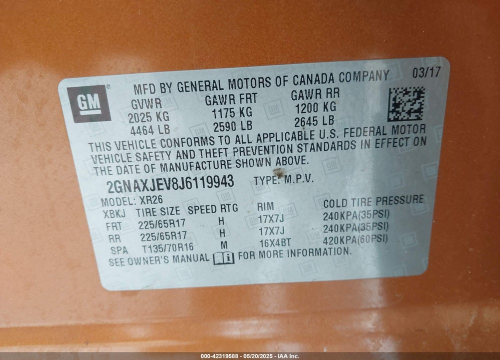 2018 CHEVROLET EQUINOX VIN: 2GNAXJEV8J6119943