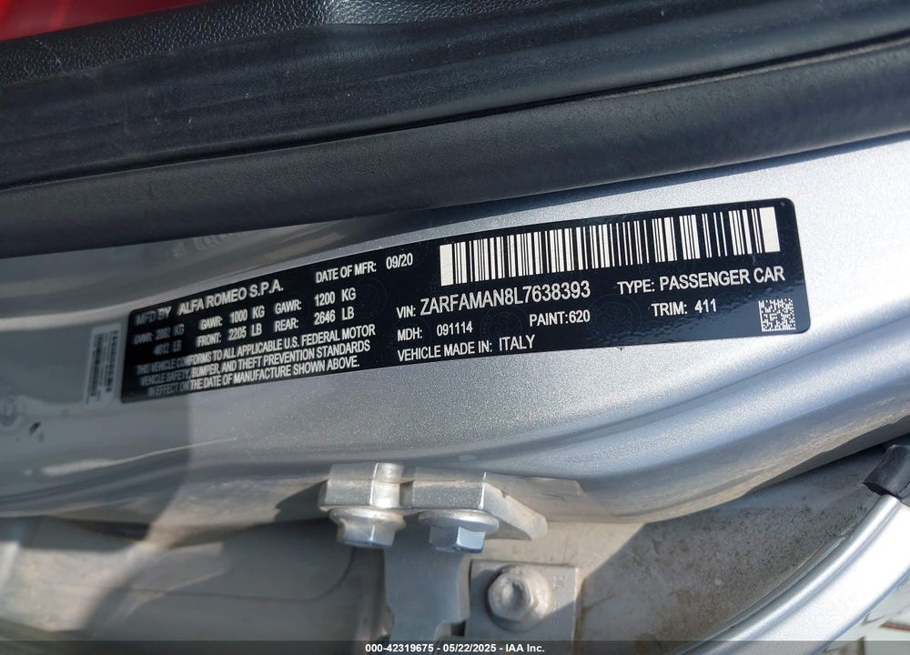 2020 ALFA ROMEO GIULIA VIN: ZARFAMAN8L7638393