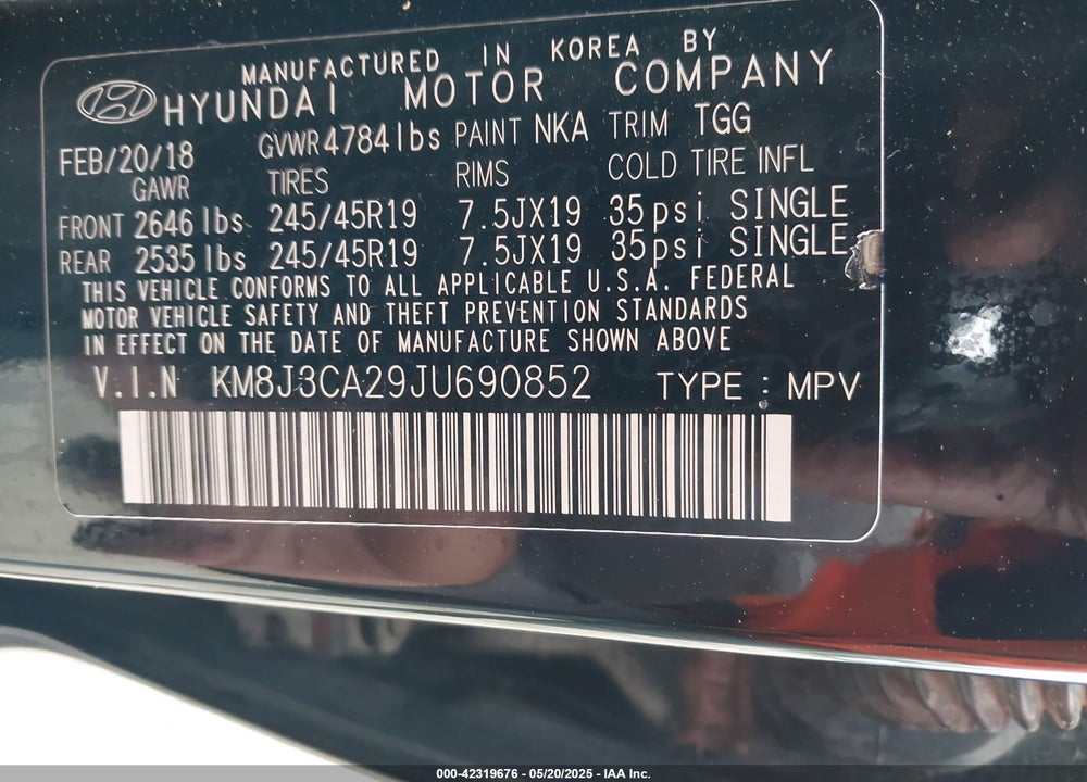 2018 HYUNDAI TUCSON VIN: KM8J3CA29JU690852