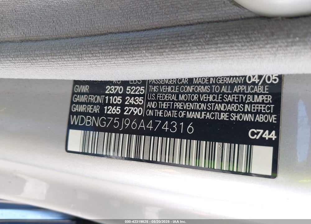 2006 MERCEDES-BENZ S 500 VIN: WDBNG75J96A474316