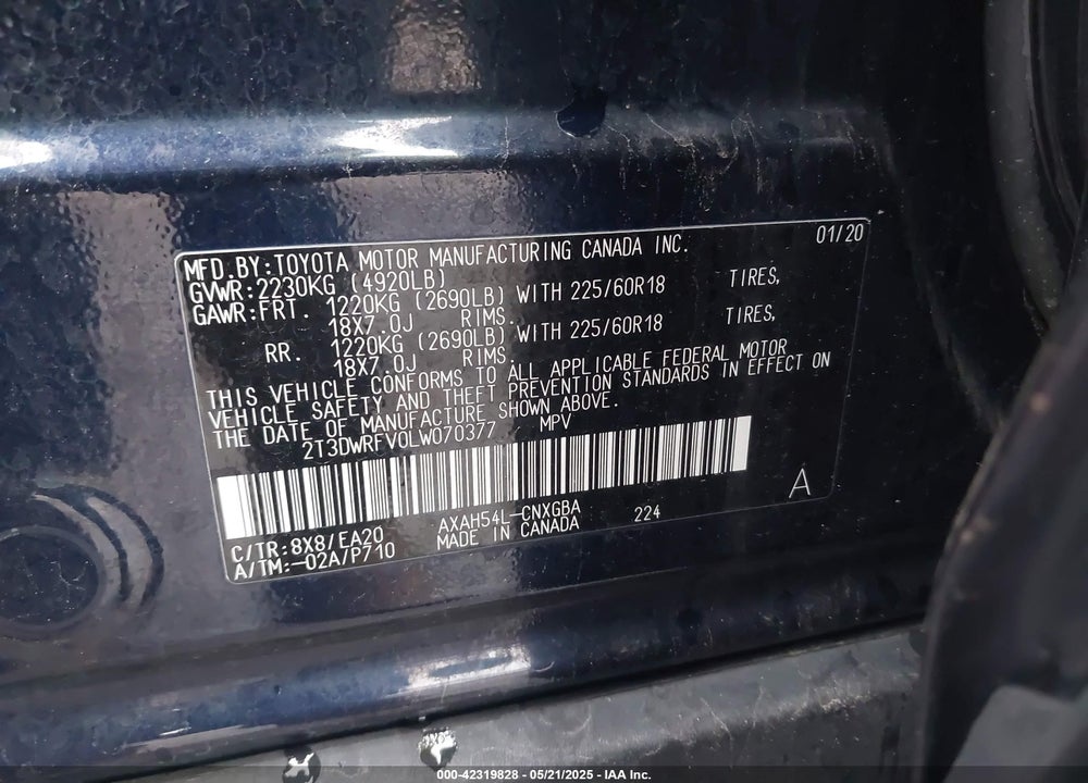 2020 TOYOTA RAV4 HYBRID VIN: 2T3DWRFV0LW070377