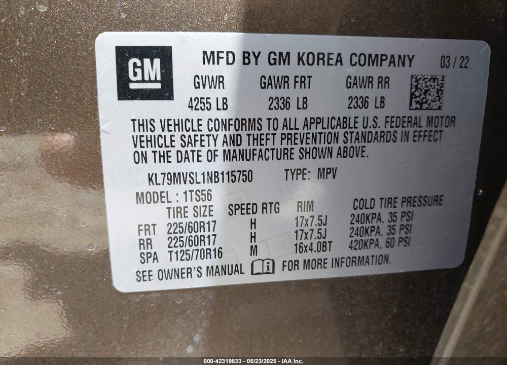 2022 CHEVROLET TRAILBLAZER VIN: KL79MVSL1NB115750