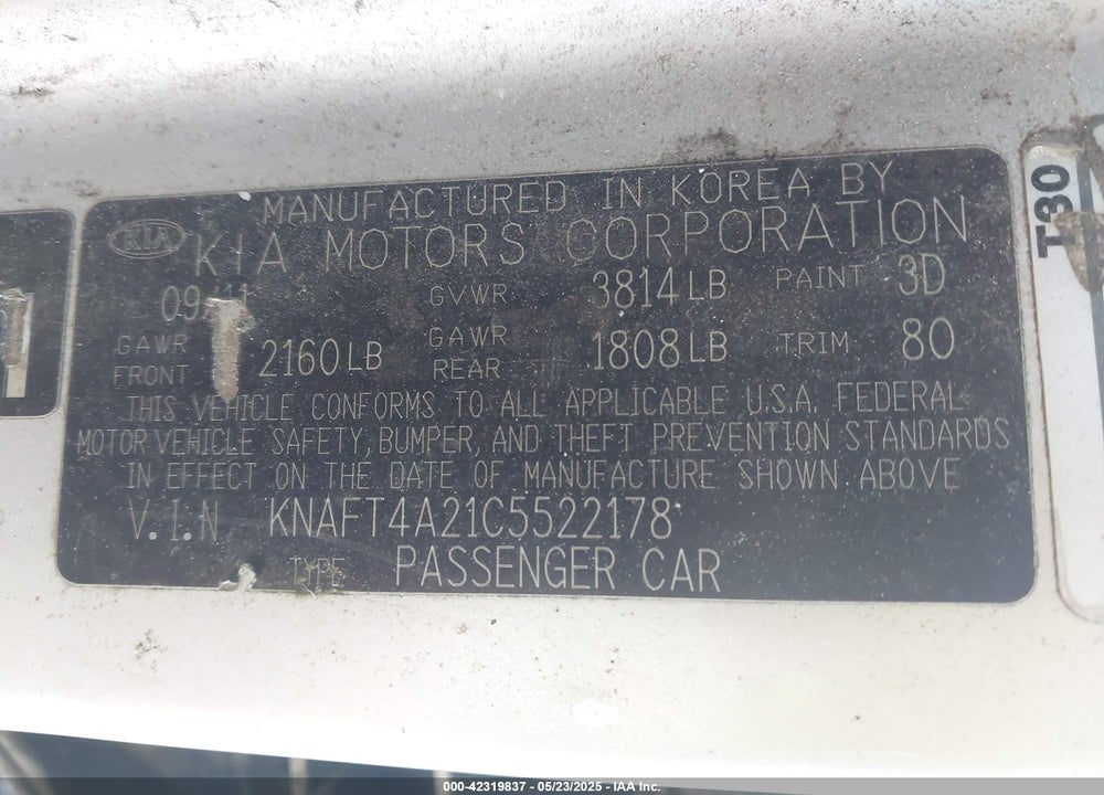 2012 KIA FORTE LX VIN: KNAFT4A21C5522178
