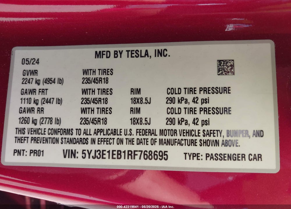 2024 TESLA MODEL 3 VIN: 5YJ3E1EB1RF768695
