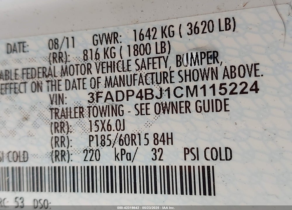 2012 FORD FIESTA VIN: 3FADP4BJ1CM115224