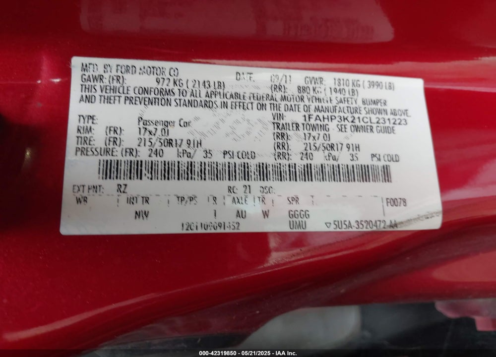 2012 FORD FOCUS VIN: 1FAHP3K21CL231223