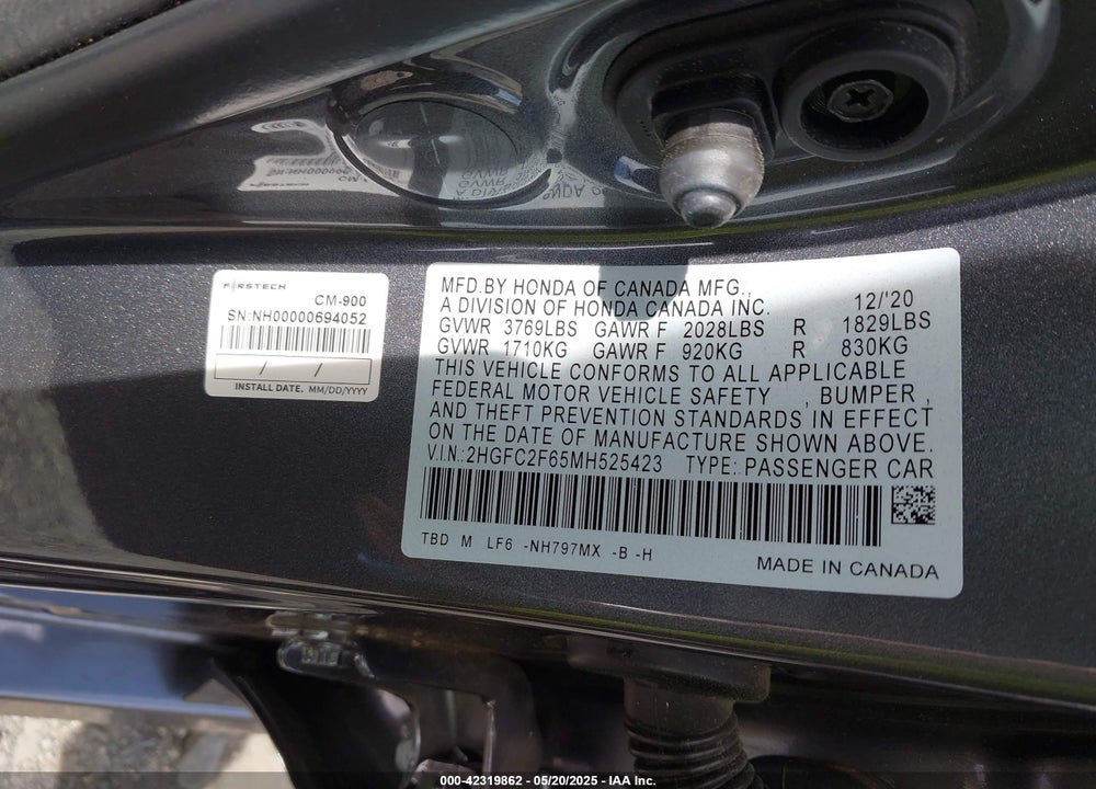 2021 HONDA CIVIC LX VIN: 2HGFC2F65MH525423