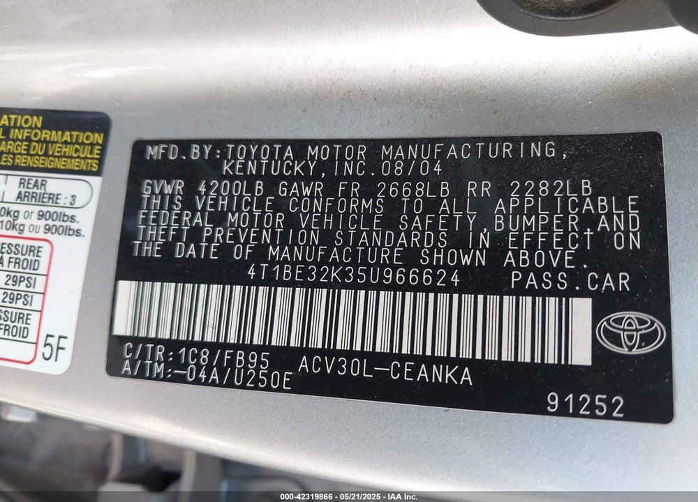 2005 TOYOTA CAMRY LE VIN: 4T1BE32K35U966624