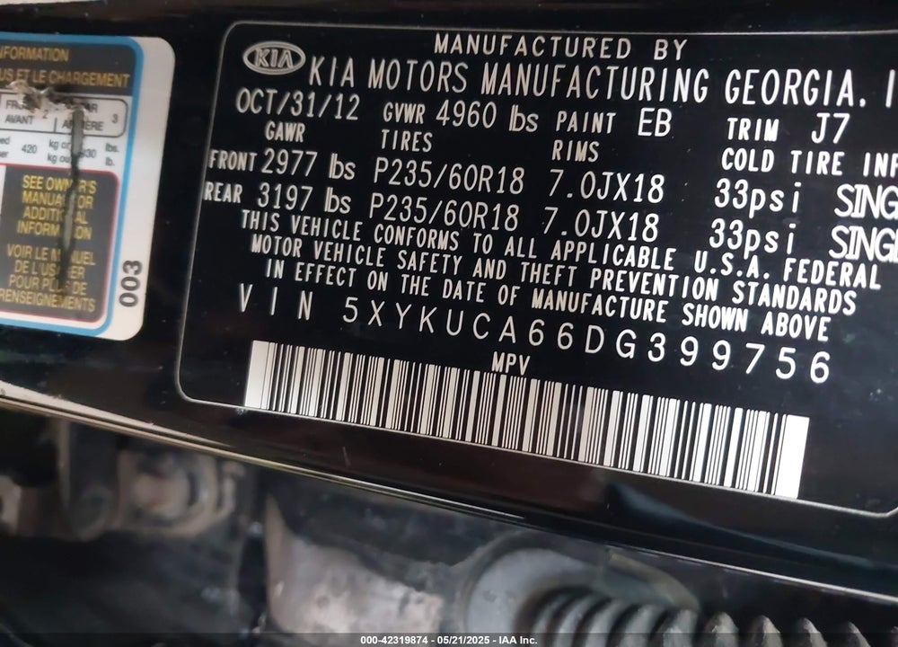 2013 KIA SORENTO EX VIN: 5XYKUCA66DG399756
