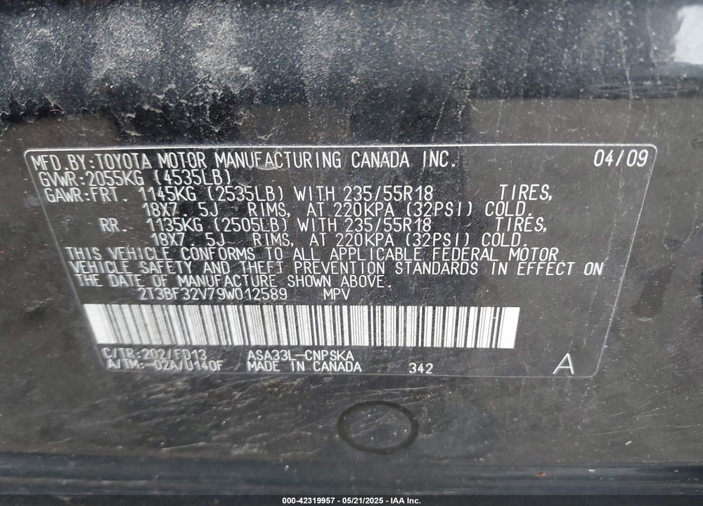 2009 TOYOTA RAV4 SPORT VIN: 2T3BF32V79W012589