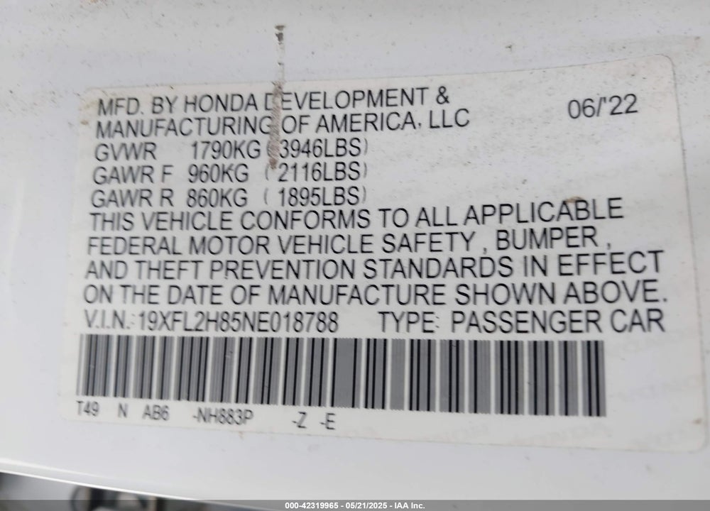 2022 HONDA CIVIC SPORT VIN: 19XFL2H85NE018788