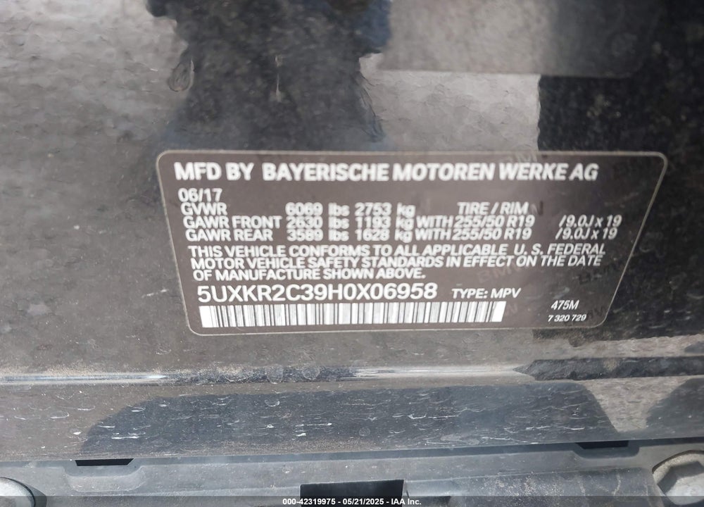 2017 BMW X5 VIN: 5UXKR2C39H0X06958