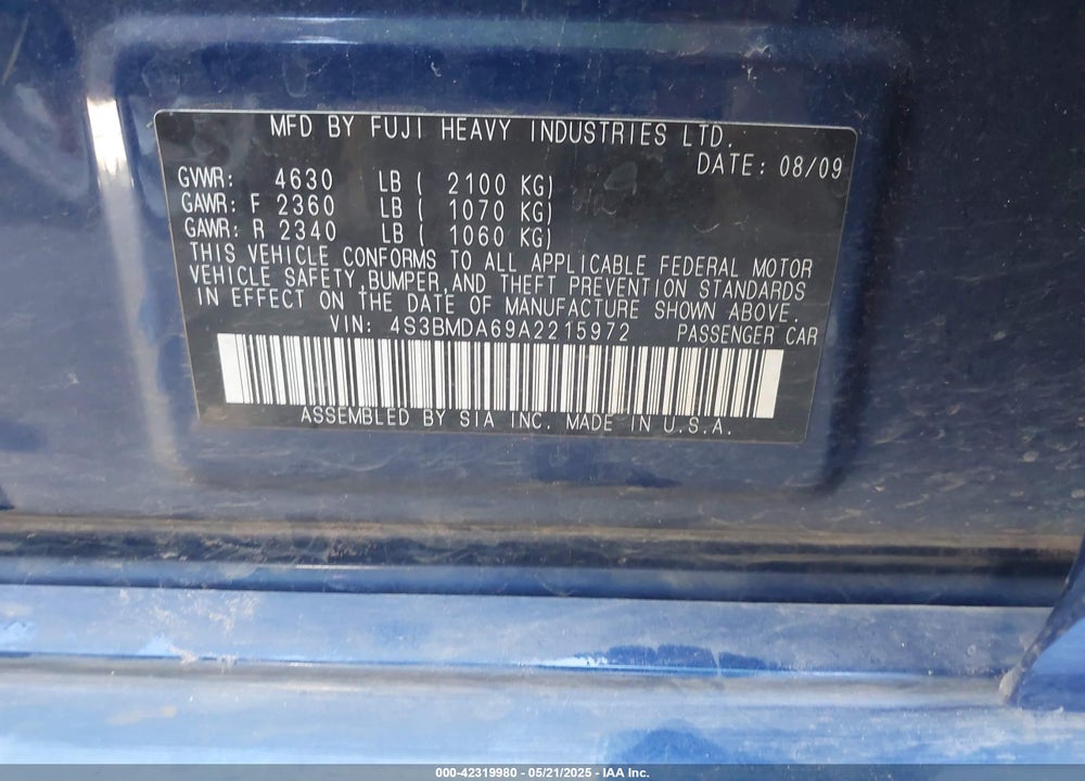2010 SUBARU LEGACY VIN: 4S3BMDA69A2215972
