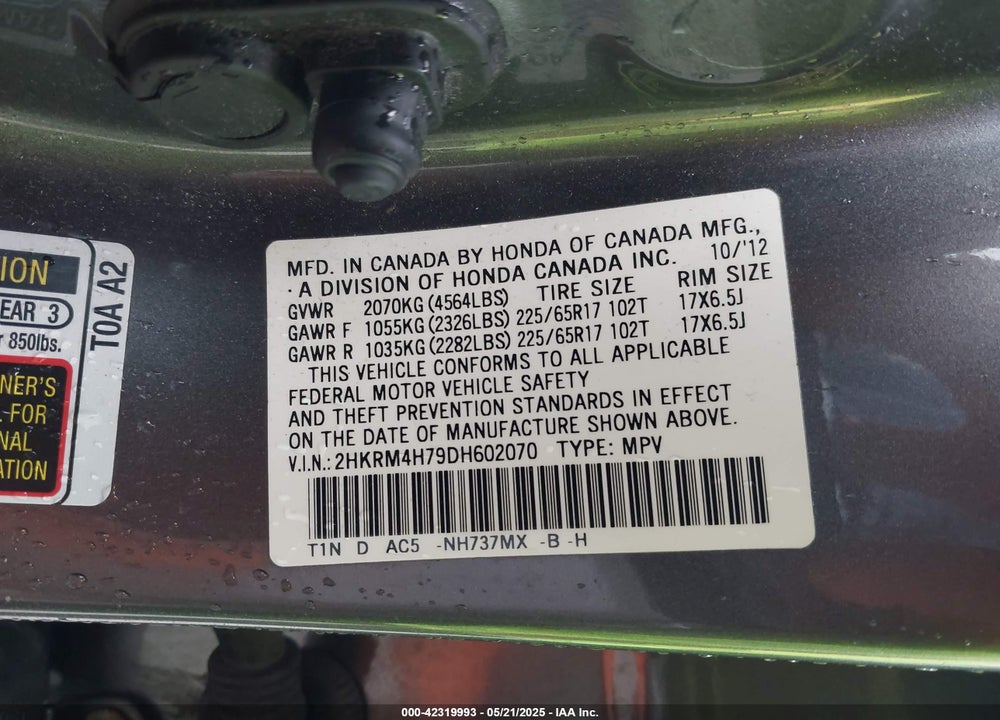 2013 HONDA CR-V VIN: 2HKRM4H79DH602070