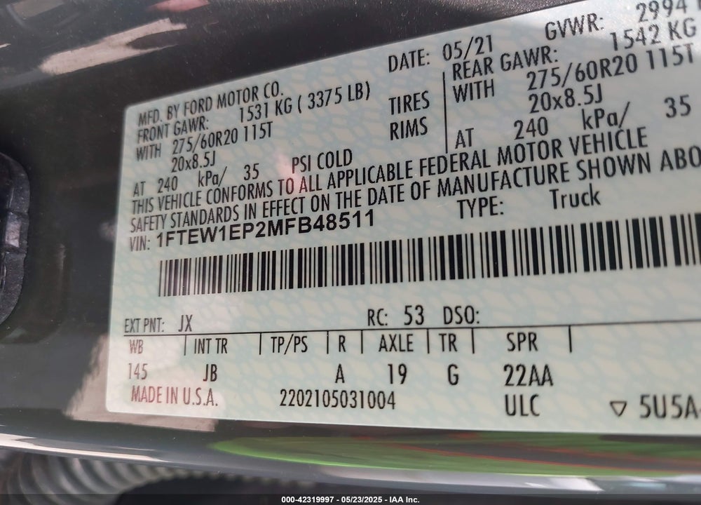 2021 FORD F-150 VIN: 1FTEW1EP2MFB48511