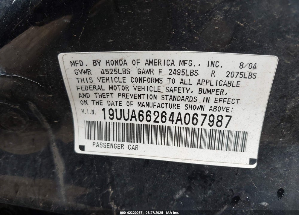 2004 ACURA TL VIN: 19UUA66264A067987