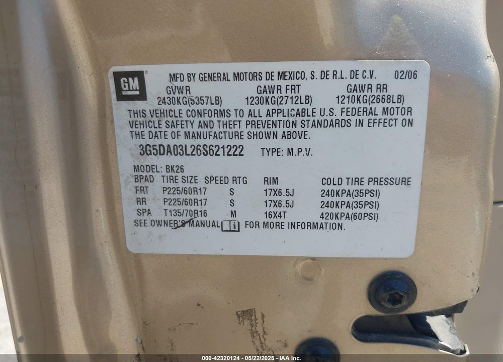 2006 BUICK RENDEZVOUS CX VIN: 3G5DA03L26S621222