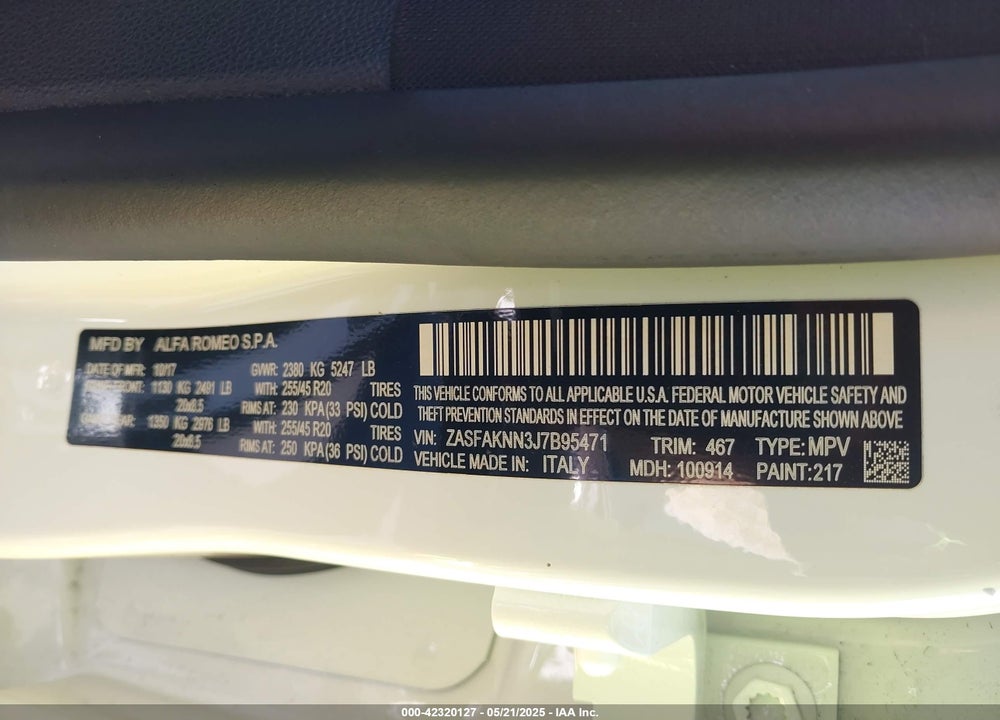2018 ALFA ROMEO STELVIO VIN: ZASFAKNN3J7B95471