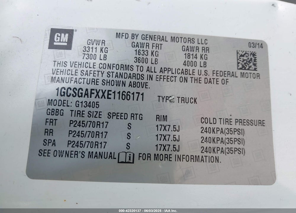 2014 CHEVROLET EXPRESS 1500 WORK VAN VIN: 1GCSGAFXXE1166171