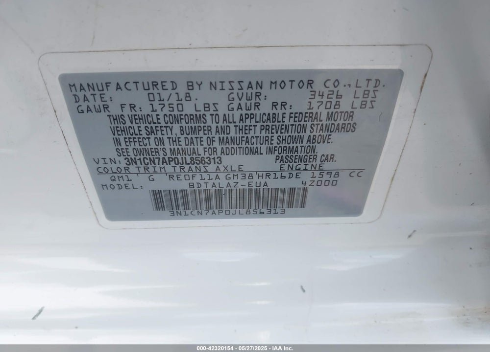 2018 NISSAN VERSA VIN: 3N1CN7AP0JL856313