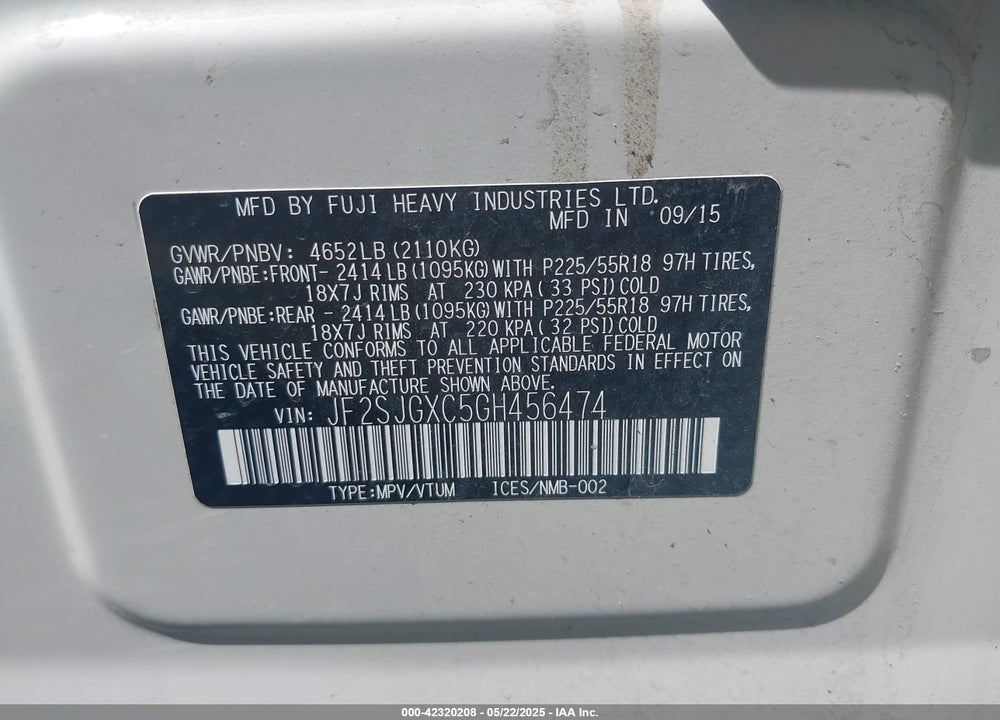 2016 SUBARU FORESTER VIN: JF2SJGXC5GH456474