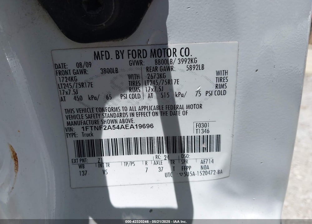 2010 FORD F-250 VIN: 1FTNF2A54AEA19696