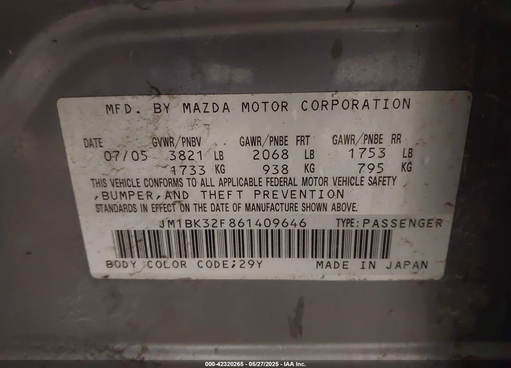 2006 MAZDA 3 I VIN: JM1BK32F861409646