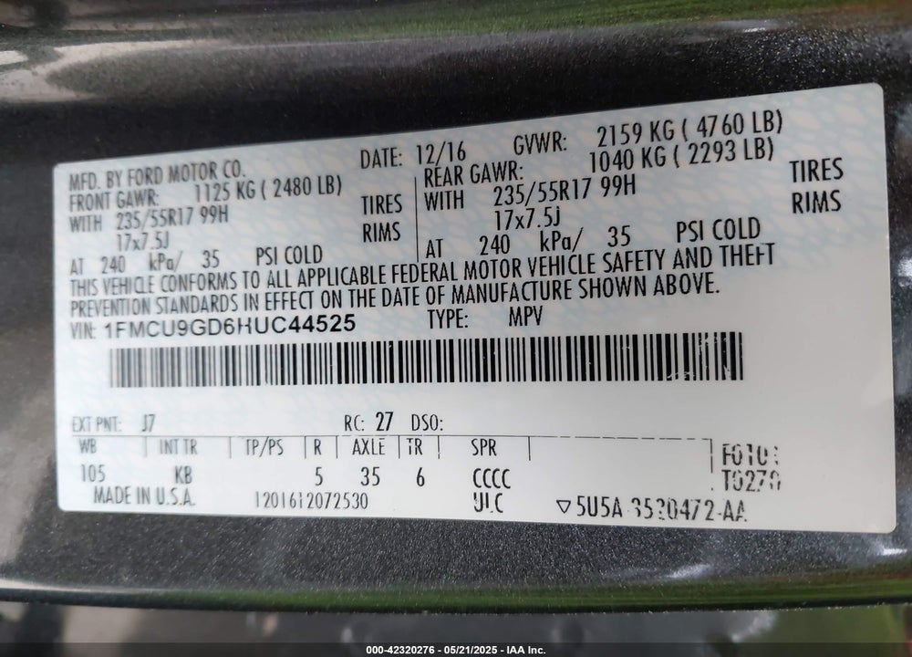 2017 FORD ESCAPE SE VIN: 1FMCU9GD6HUC44525