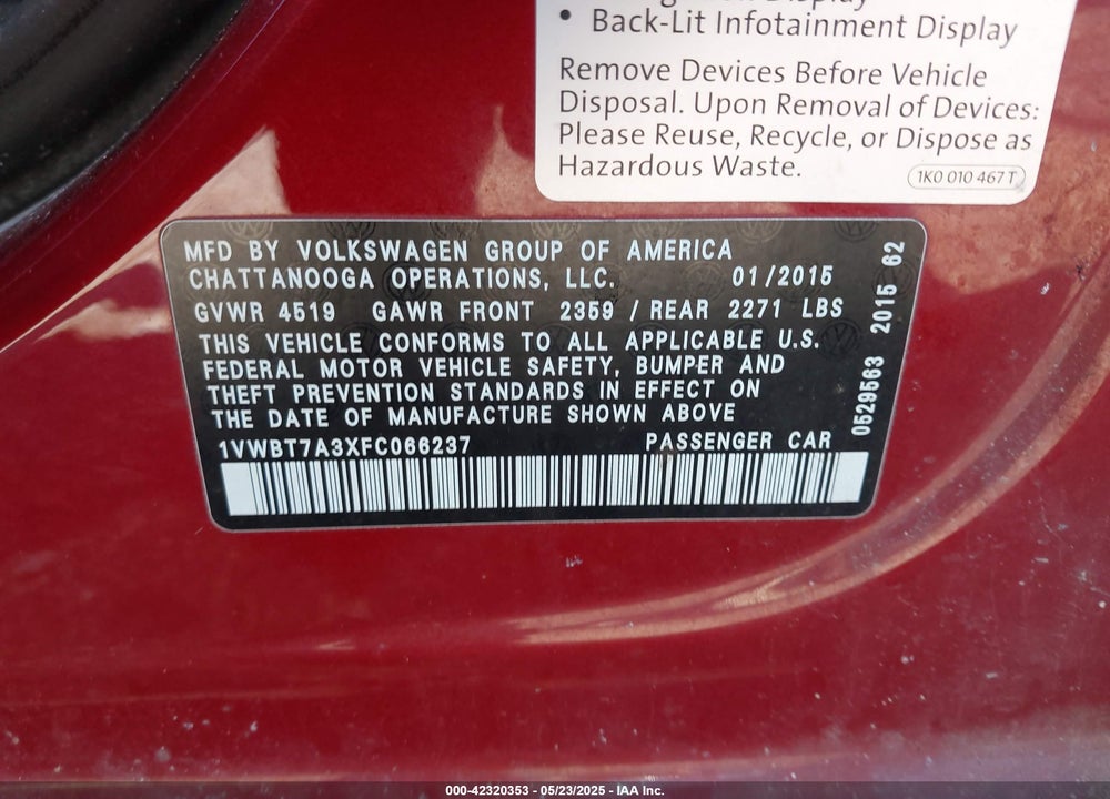 2015 VOLKSWAGEN PASSAT VIN: 1VWBT7A3XFC066237