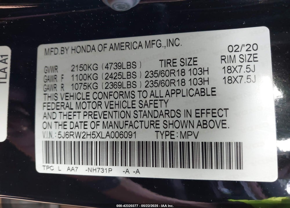 2020 HONDA CR-V AWD EX VIN: 5J6RW2H5XLA006091