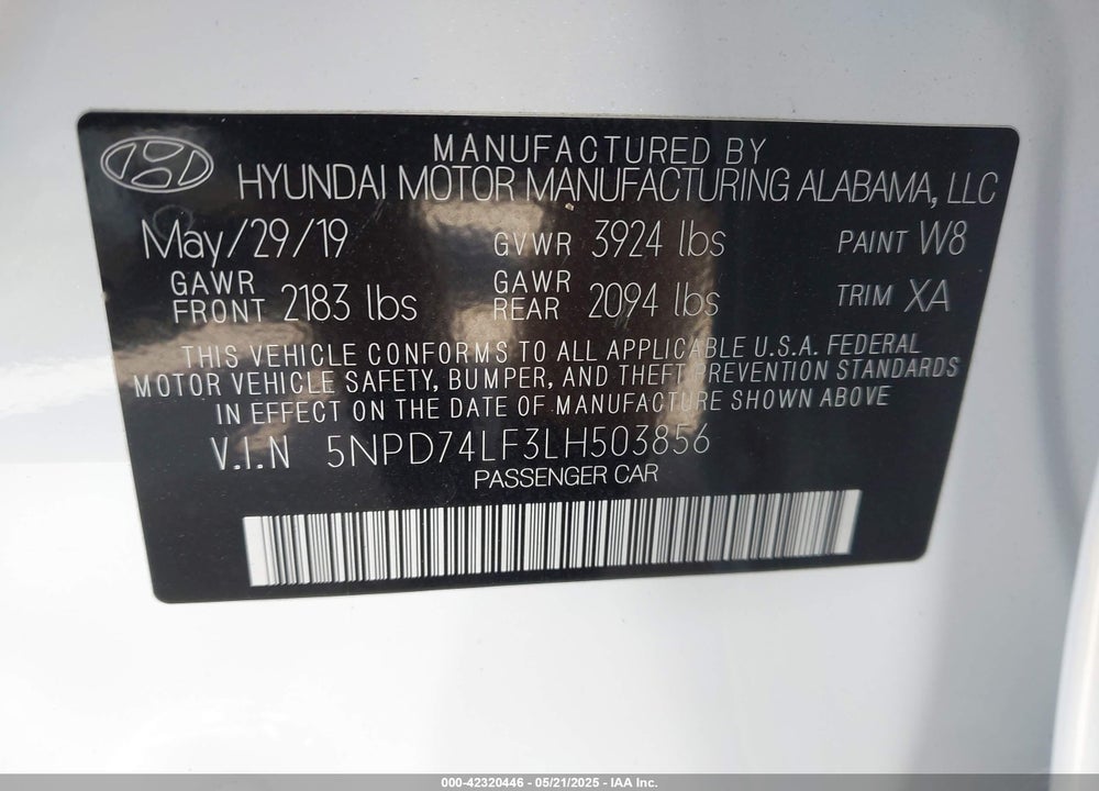 2020 HYUNDAI ELANTRA SE VIN: 5NPD74LF3LH503856