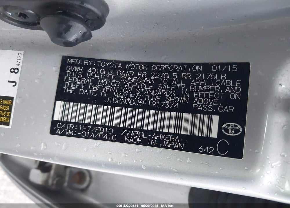 2015 TOYOTA PRIUS FIVE/FOUR/PERSONA SERIES SPECIAL EDITION/THREE/TWO VIN: JTDKN3DU6F1917374