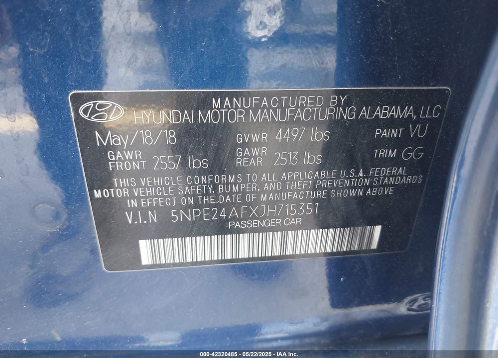 2018 HYUNDAI SONATA SE VIN: 5NPE24AFXJH715351