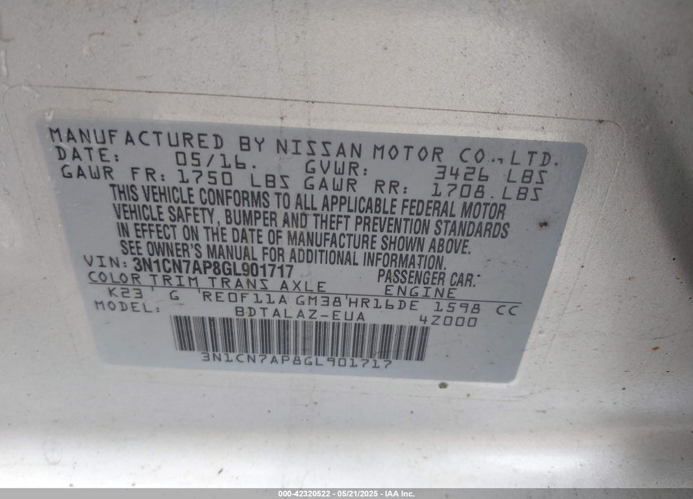 2016 NISSAN VERSA VIN: 3N1CN7AP8GL901717