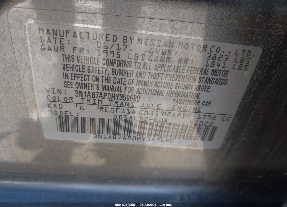 2017 NISSAN SENTRA SV VIN: 3N1AB7AP0HY359680