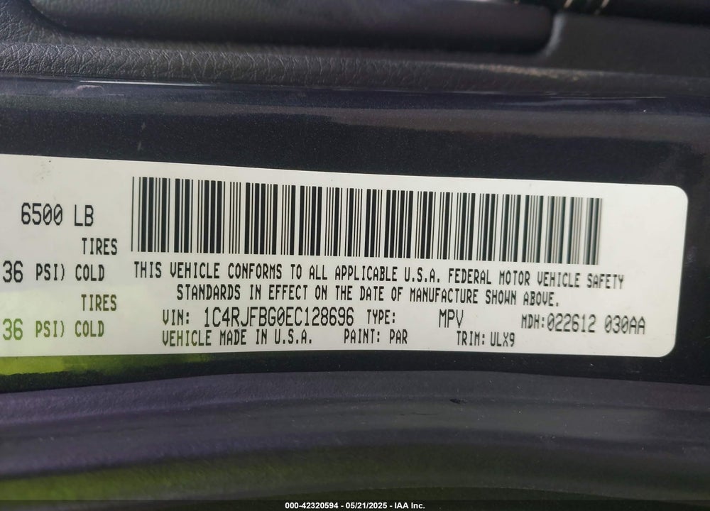 2014 JEEP GRAND CHEROKEE VIN: 1C4RJFBG0EC128696