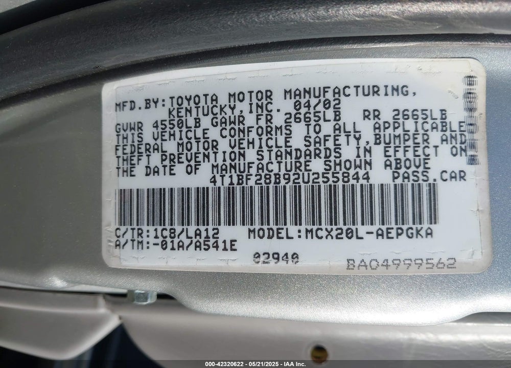 2002 TOYOTA AVALON XL/XLS VIN: 4T1BF28B92U255844