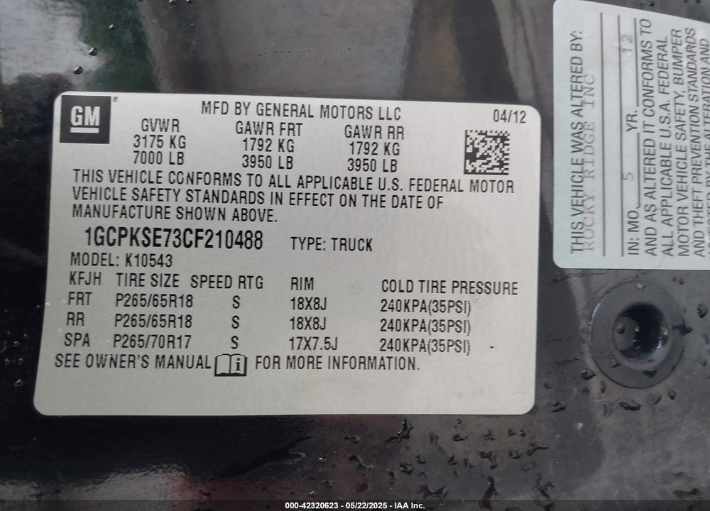 2012 CHEVROLET SILVERADO VIN: 1GCPKSE73CF210488