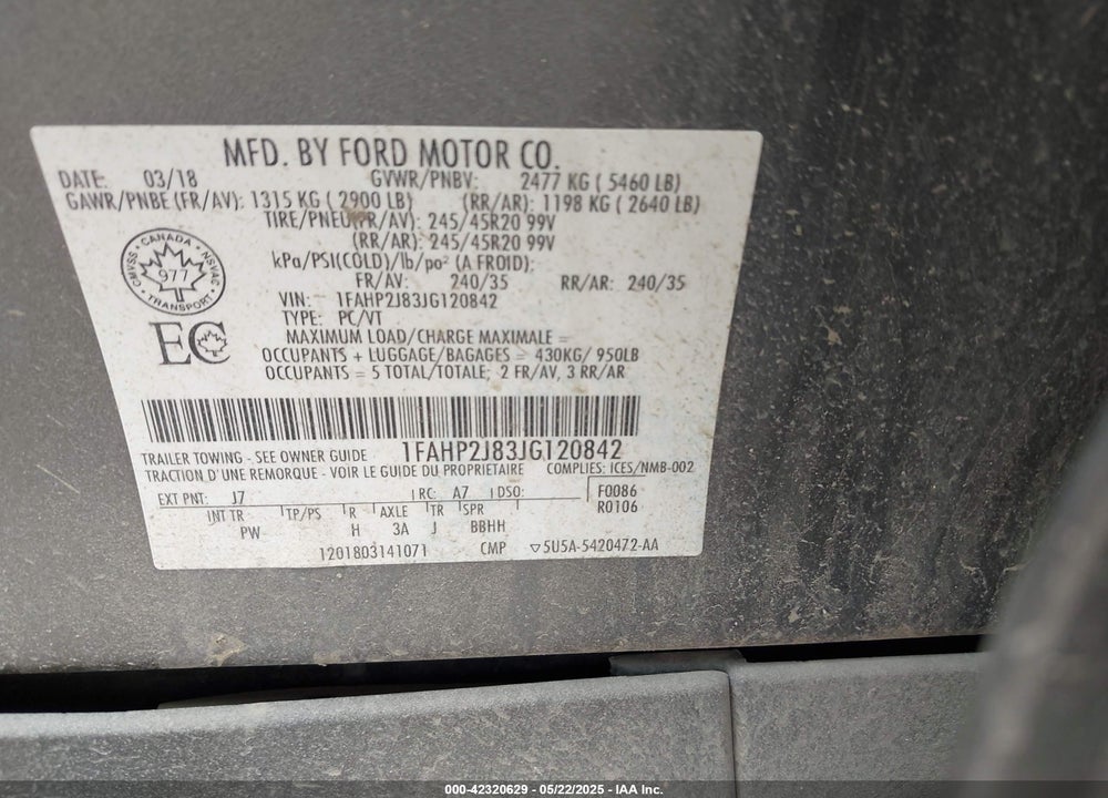 2018 FORD TAURUS VIN: 1FAHP2J83JG120842