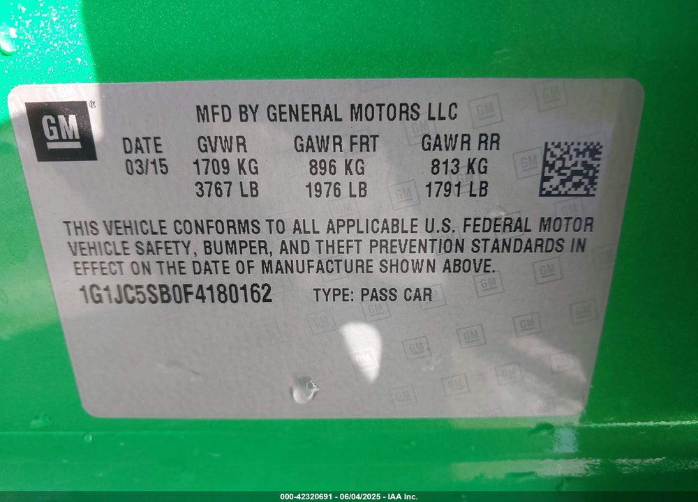 2015 CHEVROLET SONIC LT AUTO VIN: 1G1JC5SB0F4180162