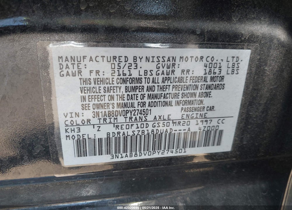 2023 NISSAN SENTRA SR XTRONIC CVT VIN: 3N1AB8DV0PY274501