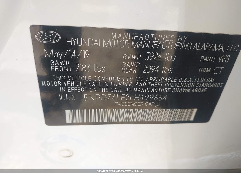 2020 HYUNDAI ELANTRA VIN: 5NPD74LF2LH499654