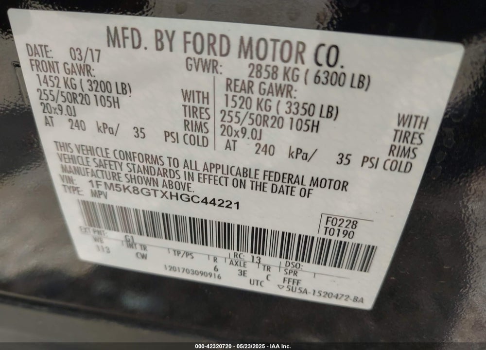 2017 FORD EXPLORER VIN: 1FM5K8GTXHGC44221