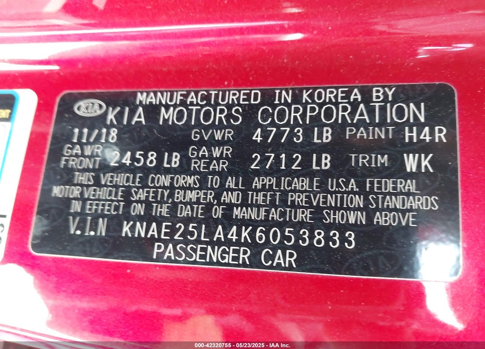 2019 KIA STINGER PREMIUM VIN: KNAE25LA4K6053833