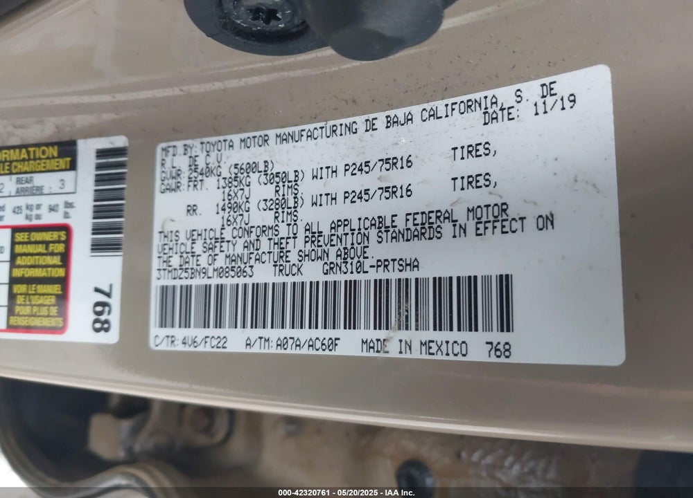 2020 TOYOTA TACOMA SR5 V6 VIN: 3TMDZ5BN9LM085063