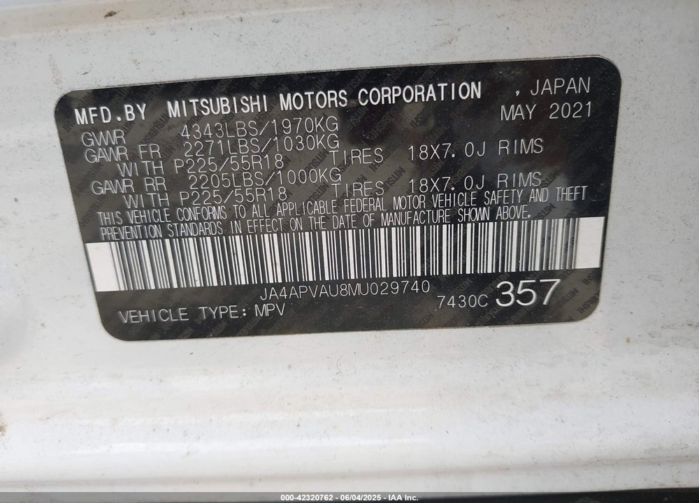 2021 MITSUBISHI OUTLANDER SPORT VIN: JA4APVAU8MU029740