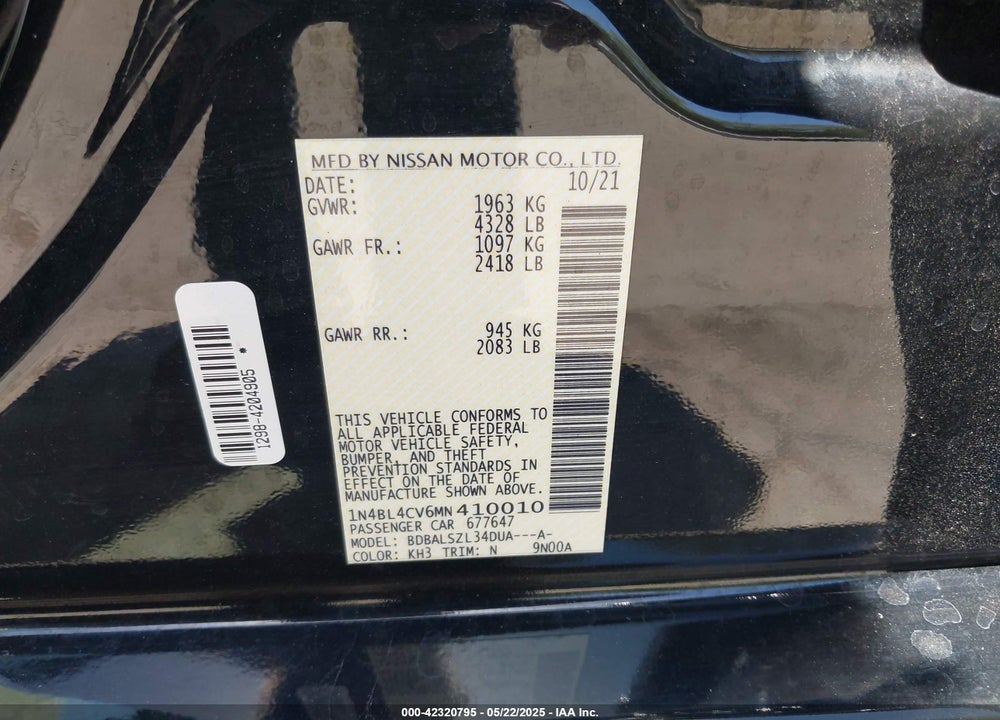 2021 NISSAN ALTIMA VIN: 1N4BL4CV6MN410010