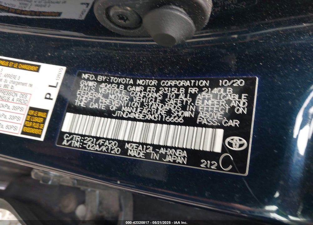2021 TOYOTA COROLLA SE VIN: JTND4MBEXM3116666
