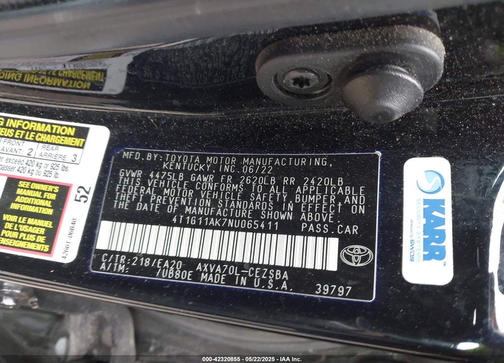 2022 TOYOTA CAMRY VIN: 4T1G11AK7NU065411