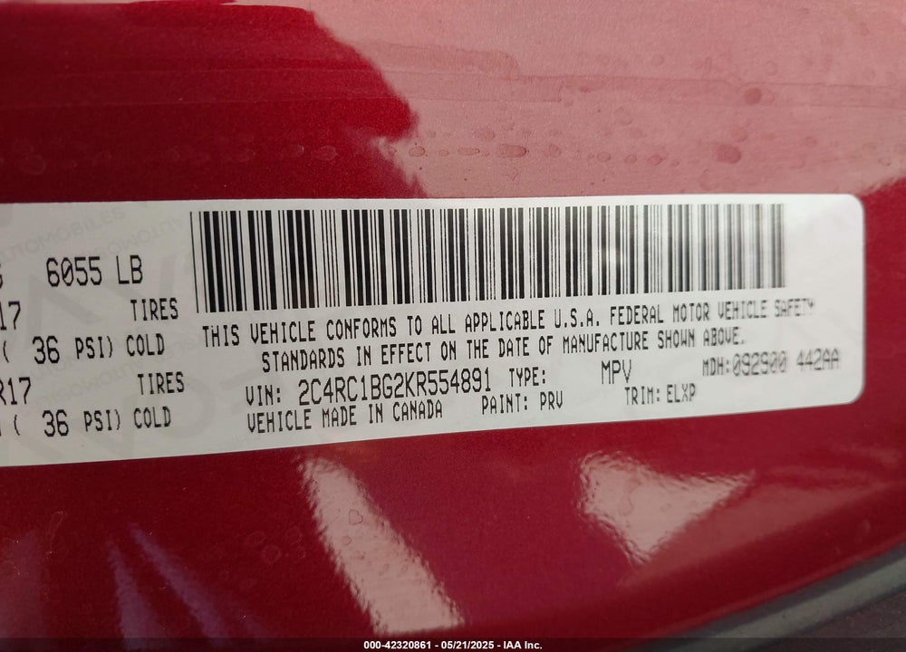 2019 CHRYSLER PACIFICA TOURING L VIN: 2C4RC1BG2KR554891